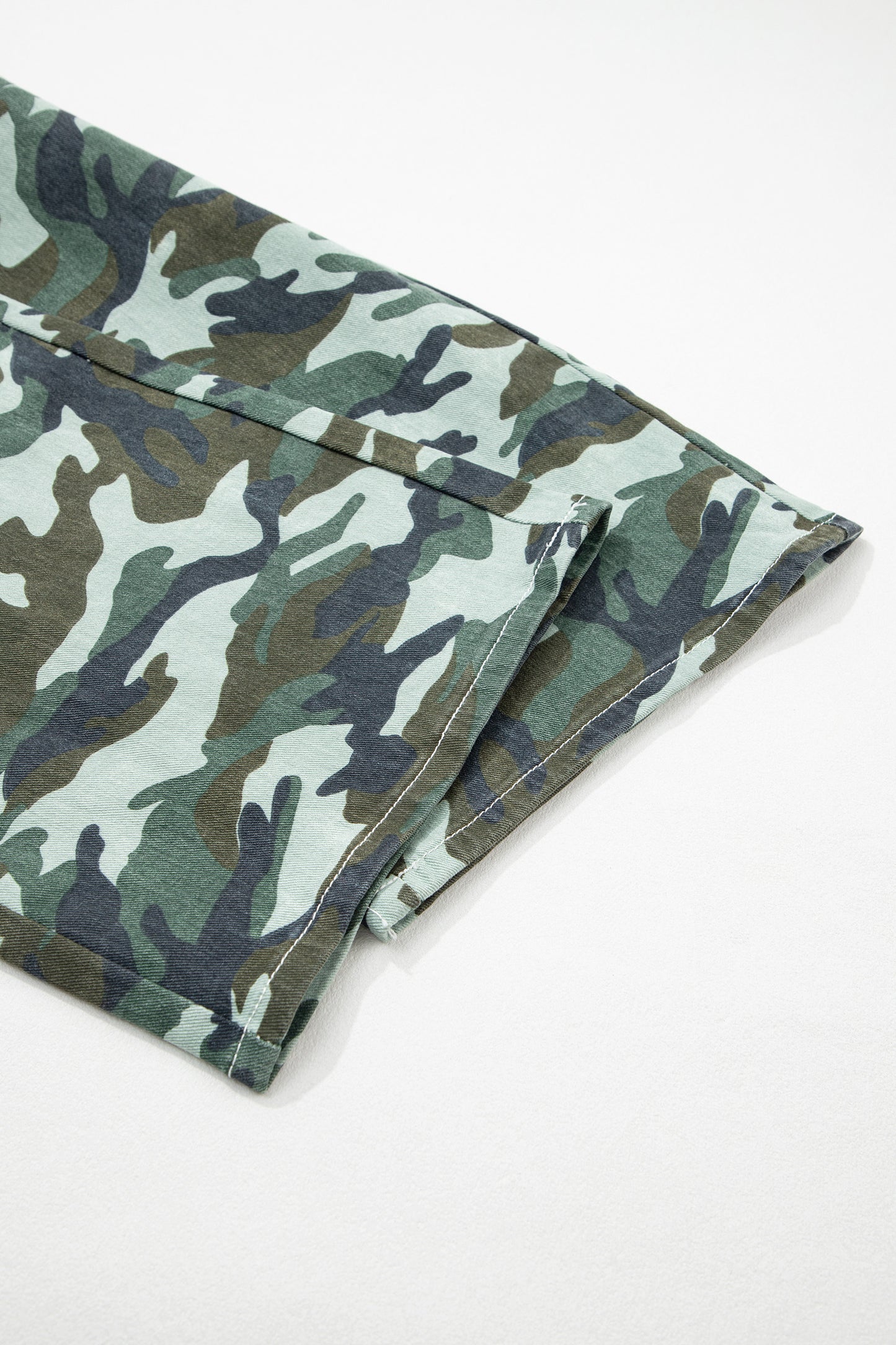 Green Camo Print Wide Leg Drawstring Denim Pants