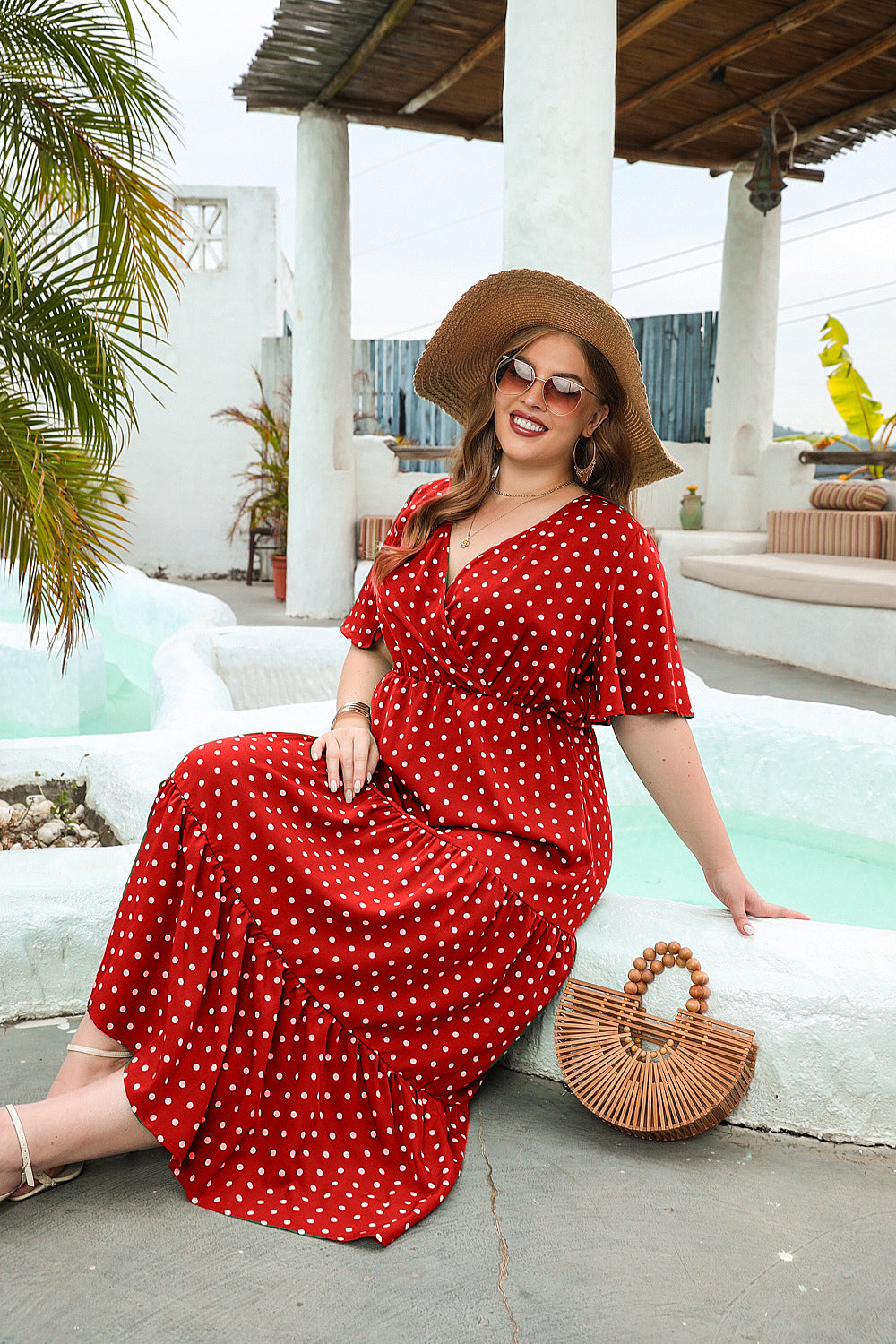 Women's Plus Size Polka Dot Dress Casual V Neck Short Sleeve Dress A-Line Pleated Hem Swing Dress