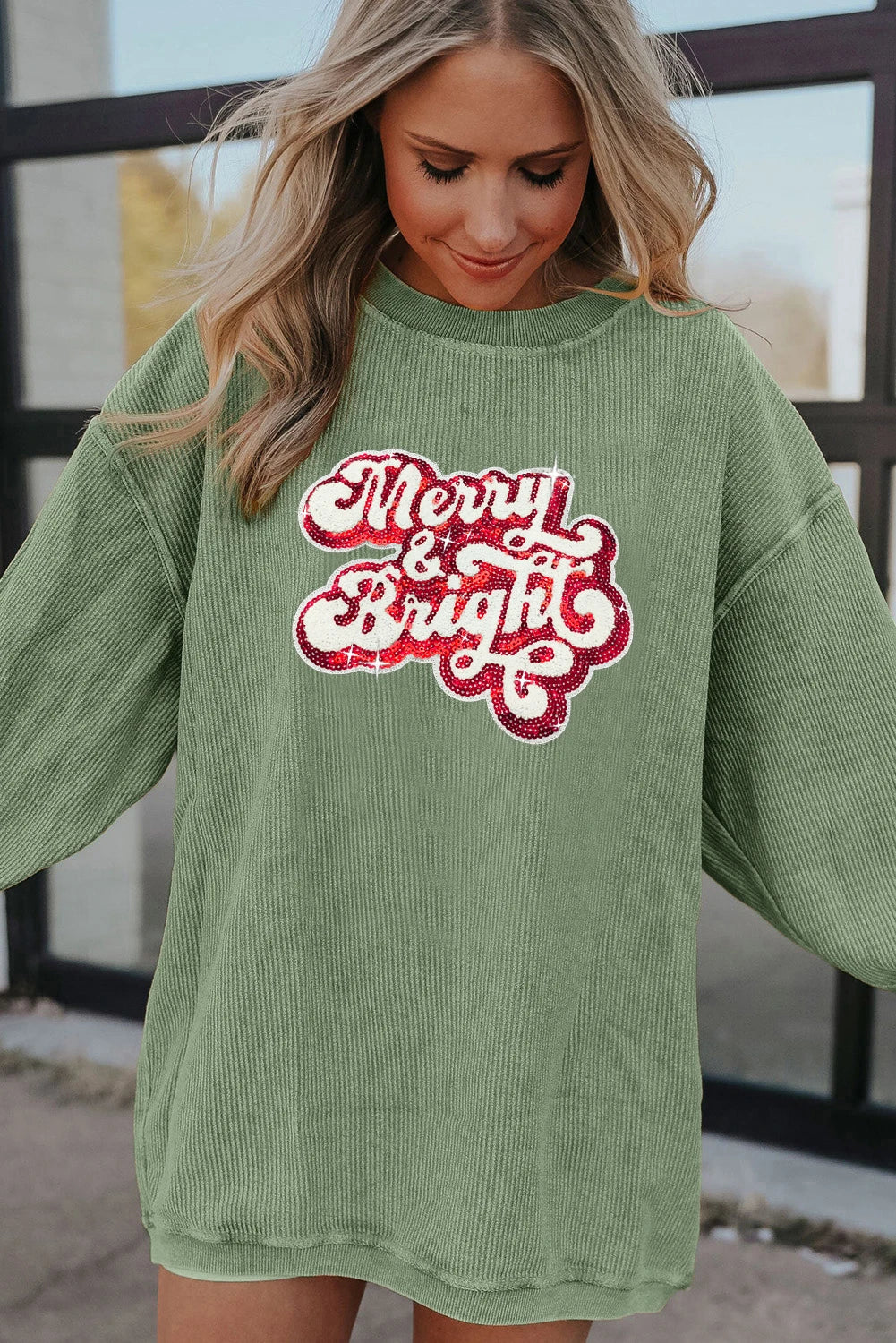 Grass Green Merry & Bright Sequin Ribbed Crew Neck Sweatshirt
