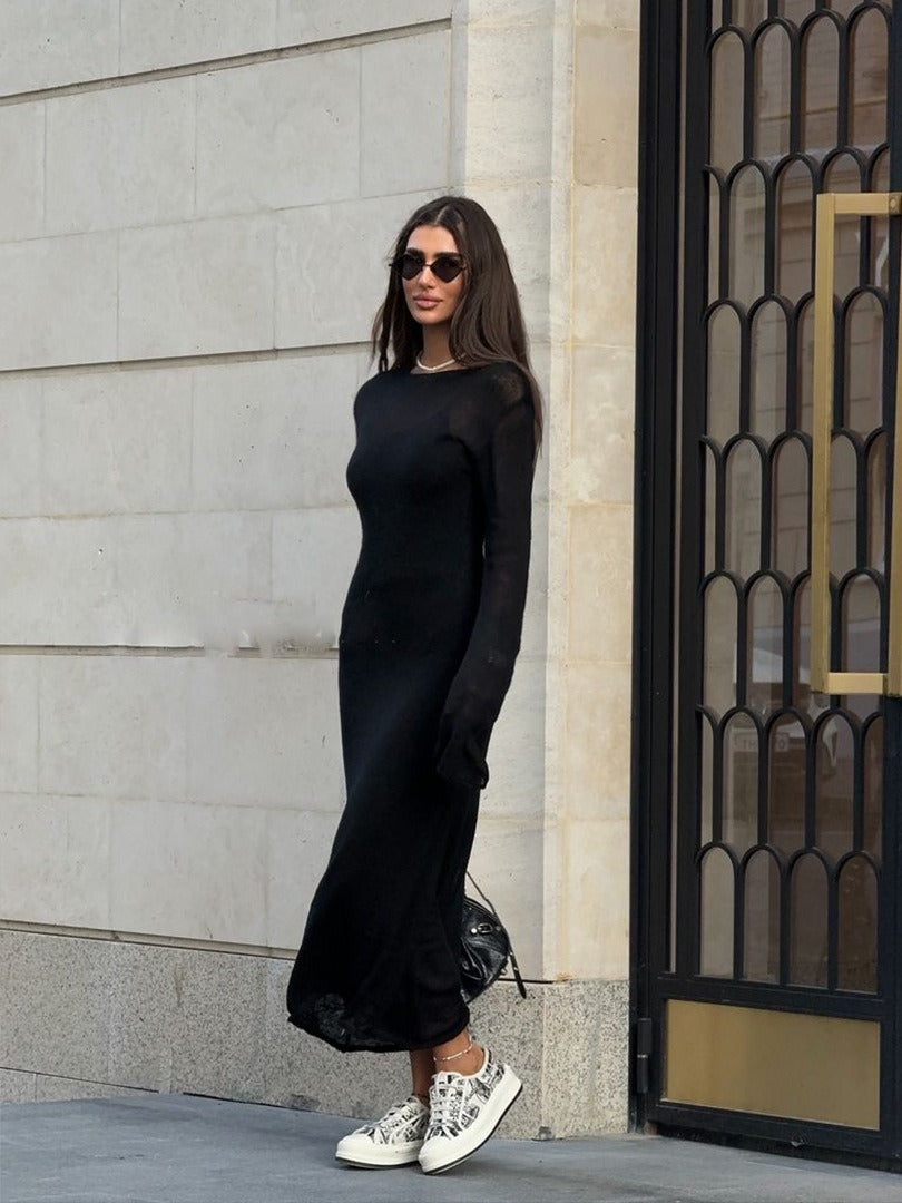 Sheer Knit Maxi Dress Set Long Sleeve Overlay with Slip