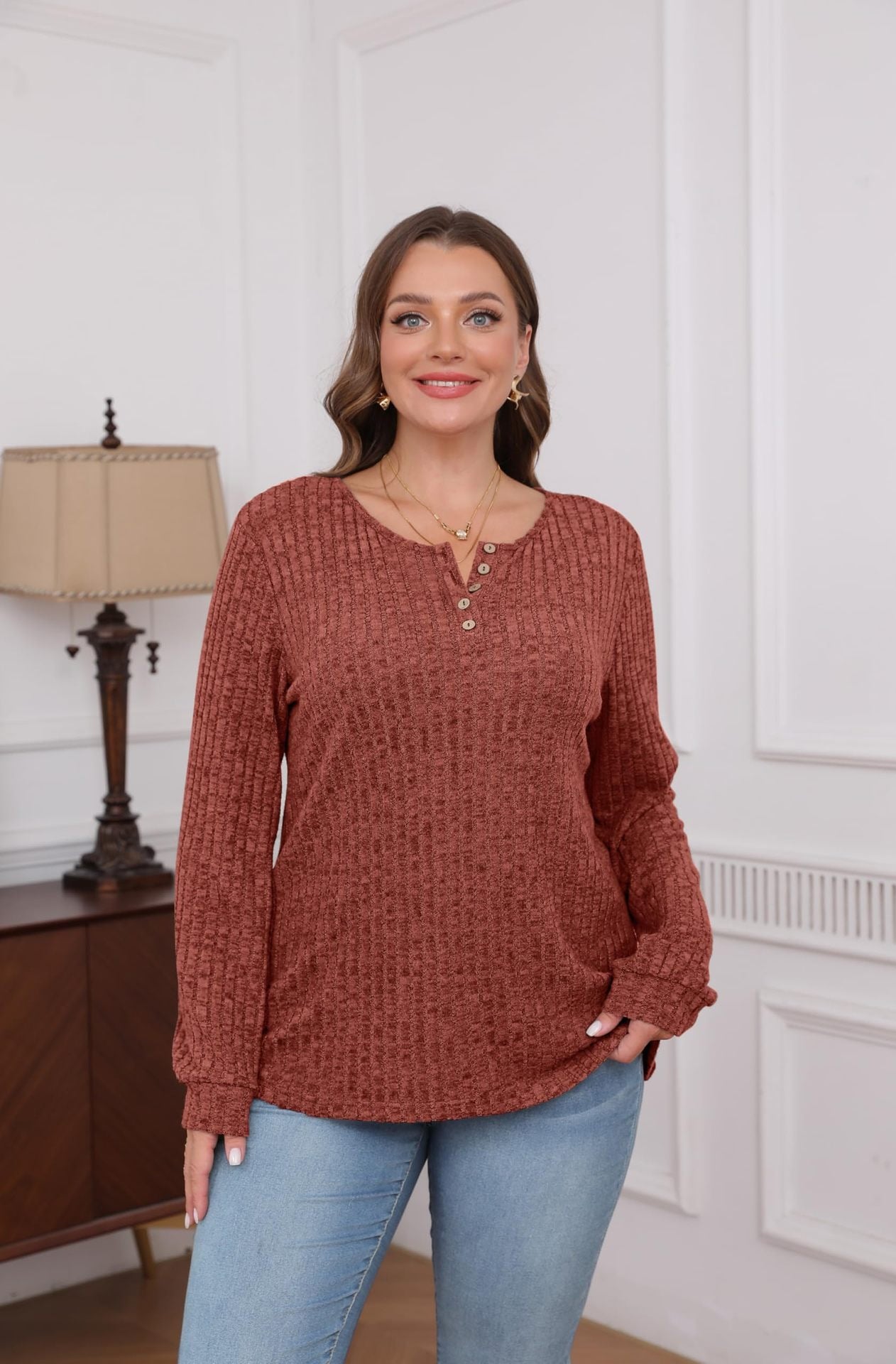 Ribbed V-Neck Button Knit Long Sleeve Pullover