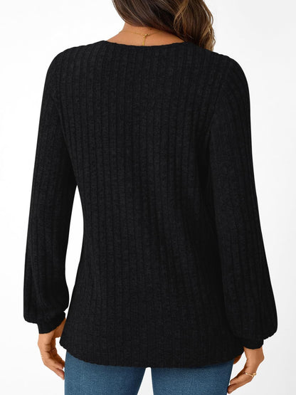 Textured Rib Knit V-Neck Pullover Long Sleeve Top