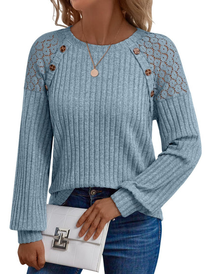 Solid Ribbed Knit Button Pullover with Lace & Buttons