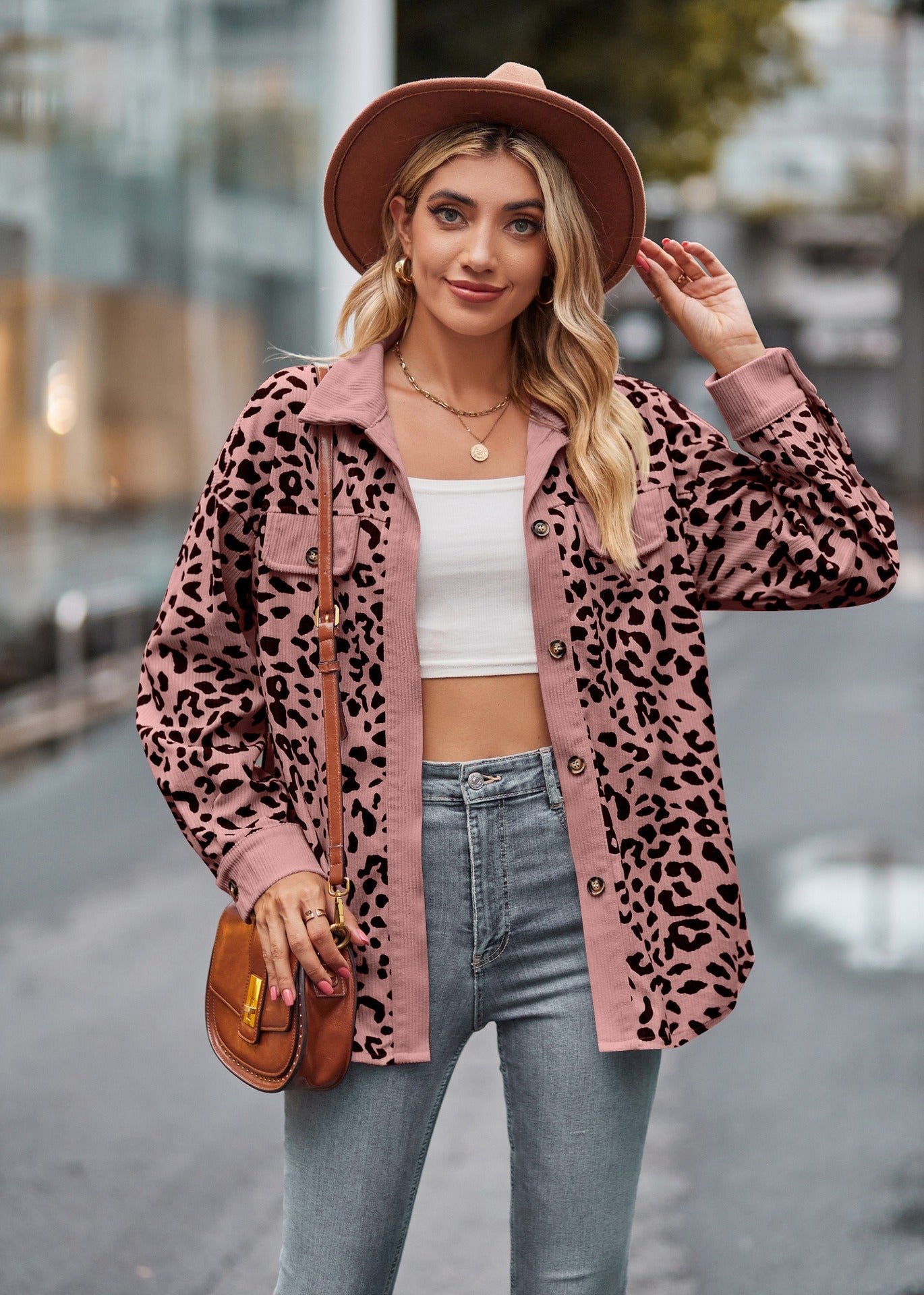 Leopard Print Corduroy Button Down Oversized Shirt Jacket