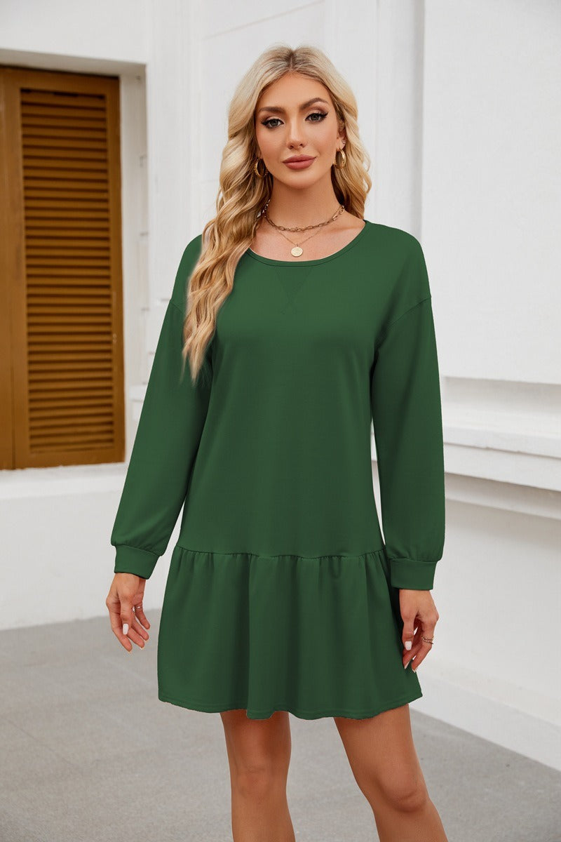 Long Sleeve Sweatshirt Dress - Casual Crewneck Pullover