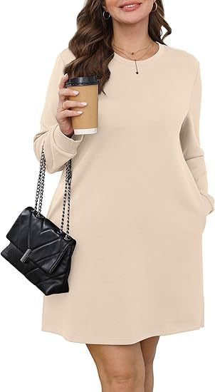 Cozy Long Sleeve Crewneck Sweatshirt Dress with Pockets