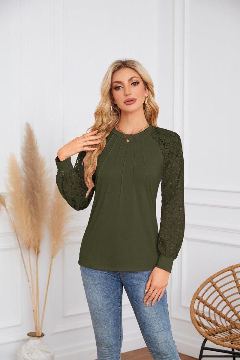 Lace Sleeve Pleated Blouse - Round Neck Long Sleeve Top