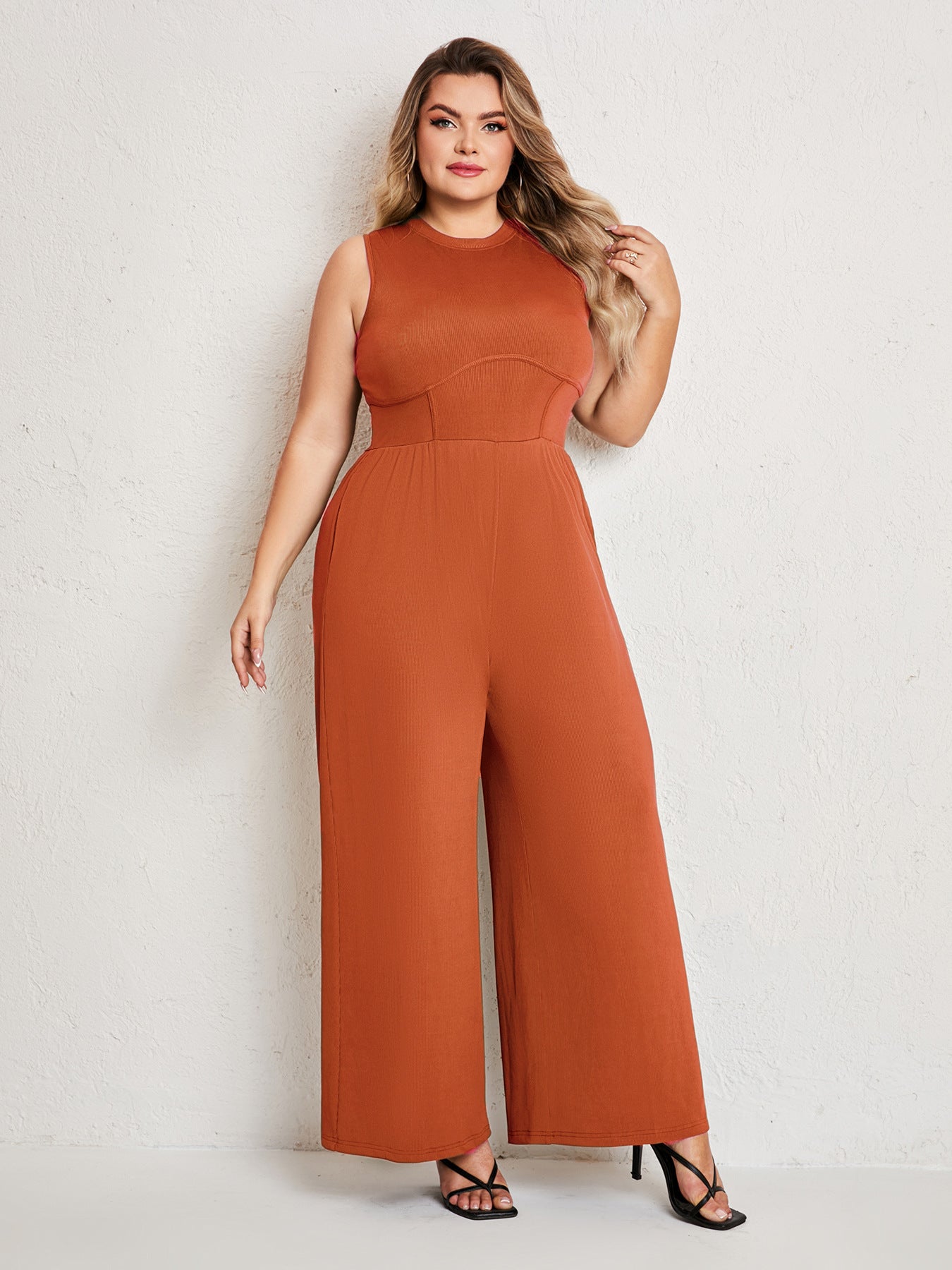 Womens Summer One Piece Sleeveless Wide Leg Pants Rompers With Pockets Plus Size