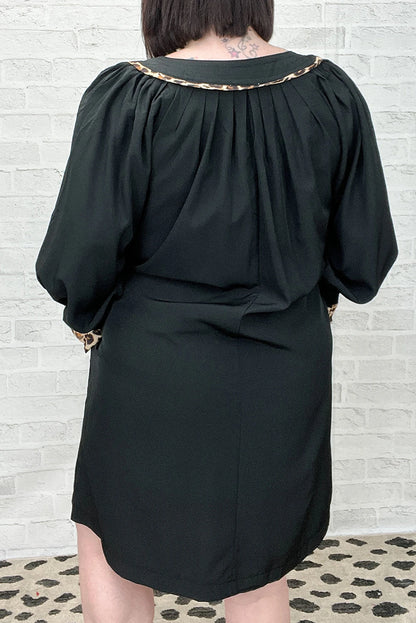 Evergreen Plus Size Notched Neck Leopard Trim Flounce Long Sleeve Shift Dress