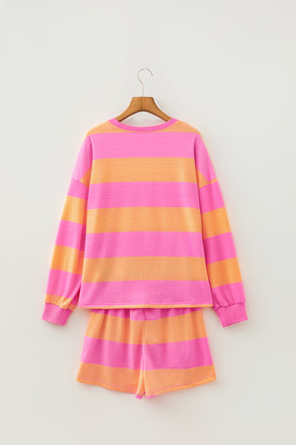 Pink Orange Stripe Lounge Set 2pc Shorts Set Sweatshirt