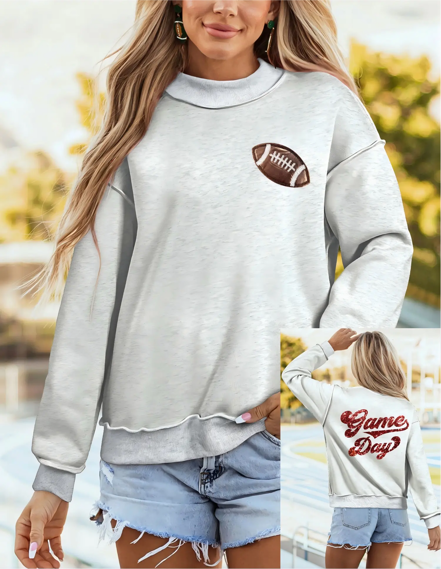 Football Patch Sequin Game Day Mock Neck Sweatshirt