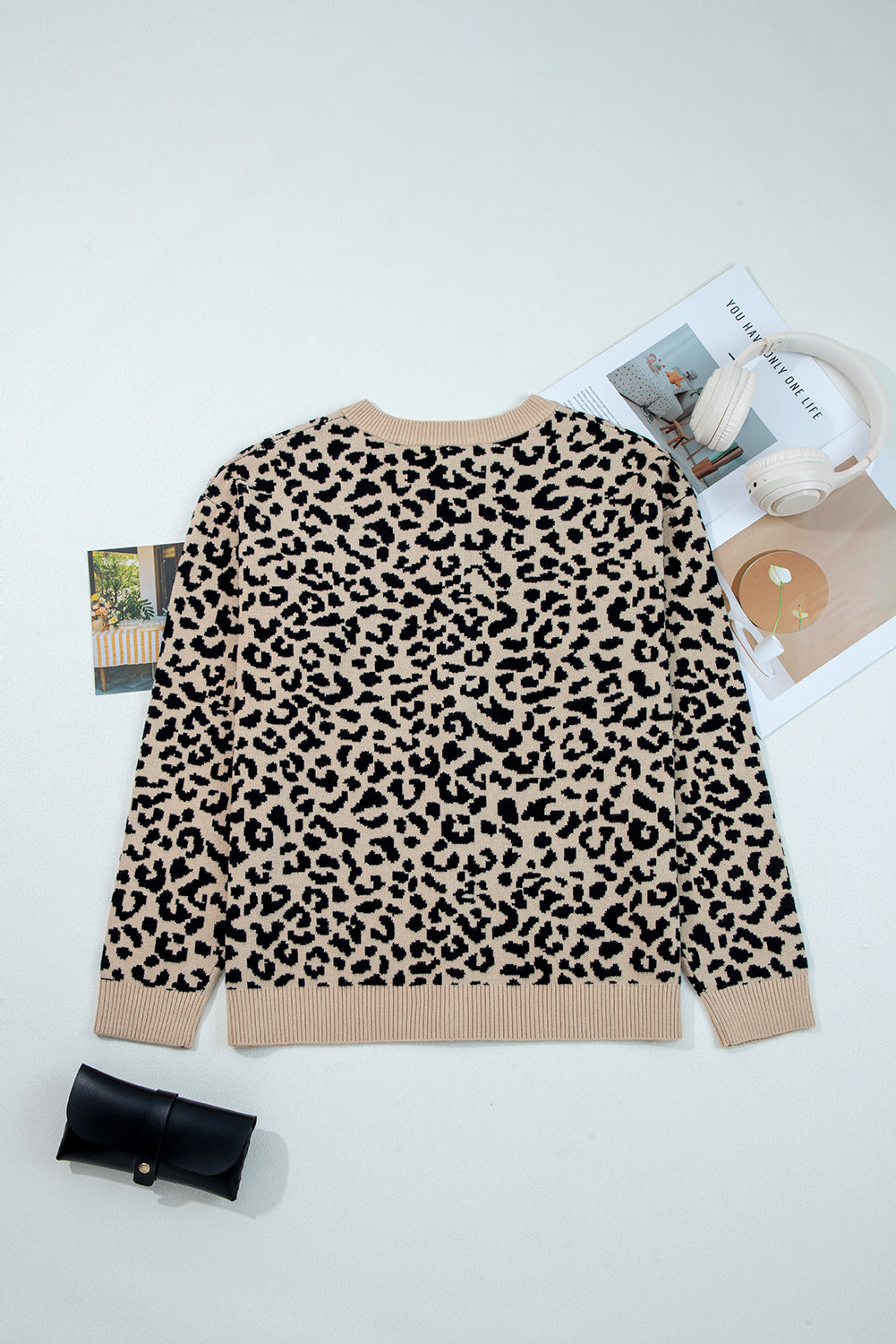 Leopard Drop Shoulder Chunky Knitted Cardigan Sweater