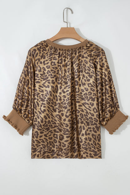 Metallic Leopard Print Puff Sleeve Blouse
