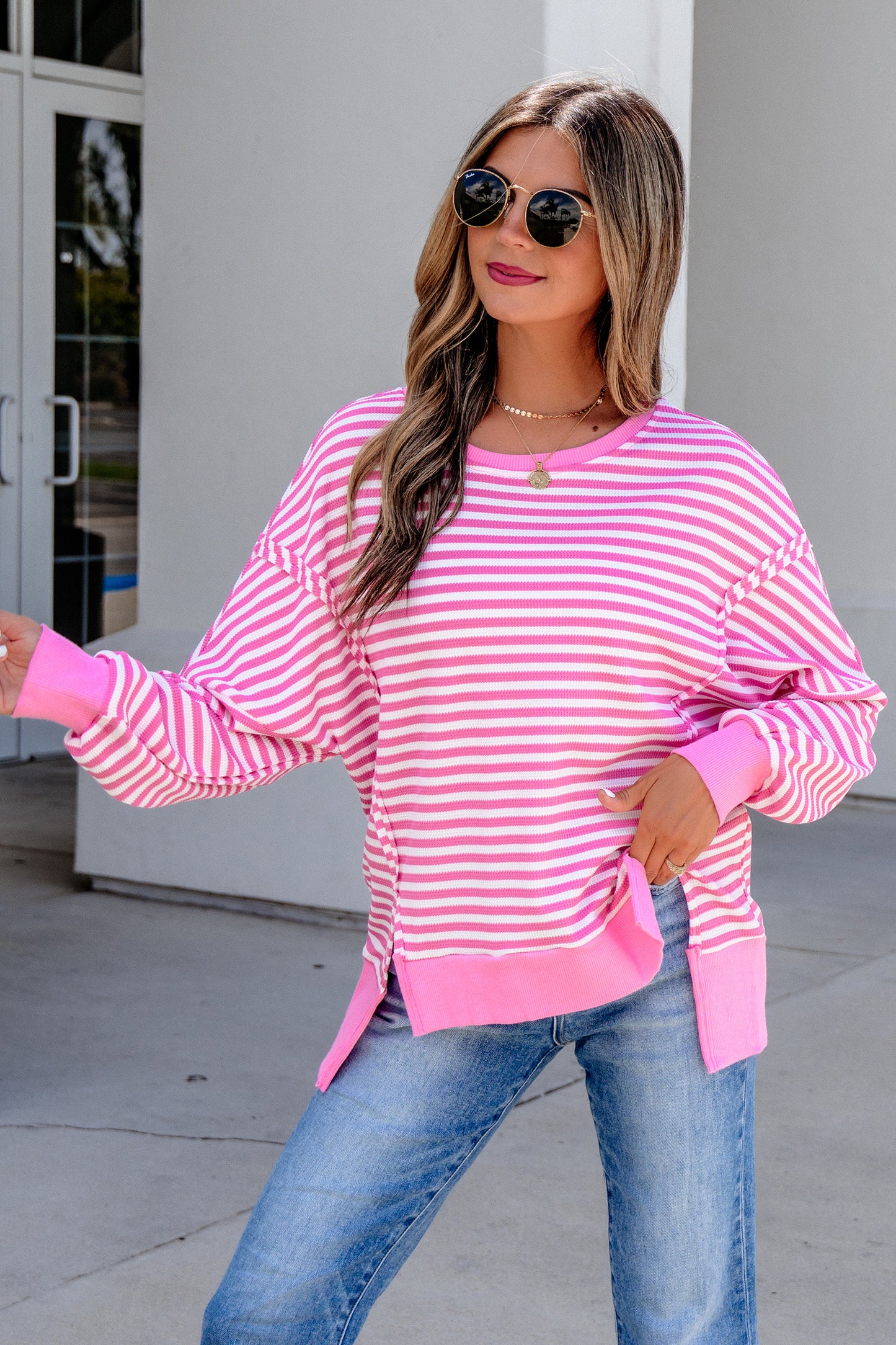 Khaki Stripe Textured Knit Color Block Trim Split Hem Long Sleeve Top