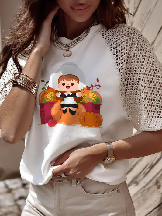 Thanksgiving Pilgrim Girl Pumpkin Harvest Lace Sleeve Tee