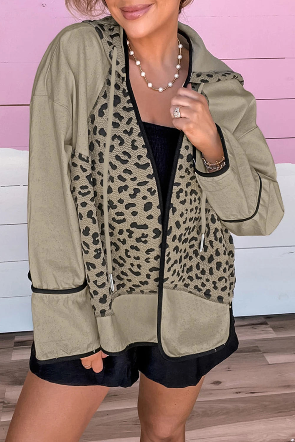 Brown Leopard Star Hooded Patchwork Contrast Piping Open Front Jacket