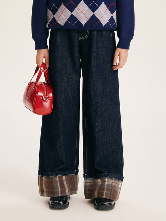 Girls' Fashion Wide Leg Pants Casual Plaid Cuff Jeans