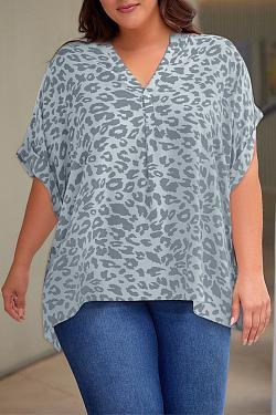 Plus Size Leopard Print v-Neck Pullover Top Plus Size Chiffon Sweater