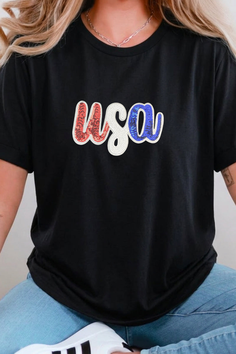 USA Sequin Graphic July 4th Patriotic Tee Shirt