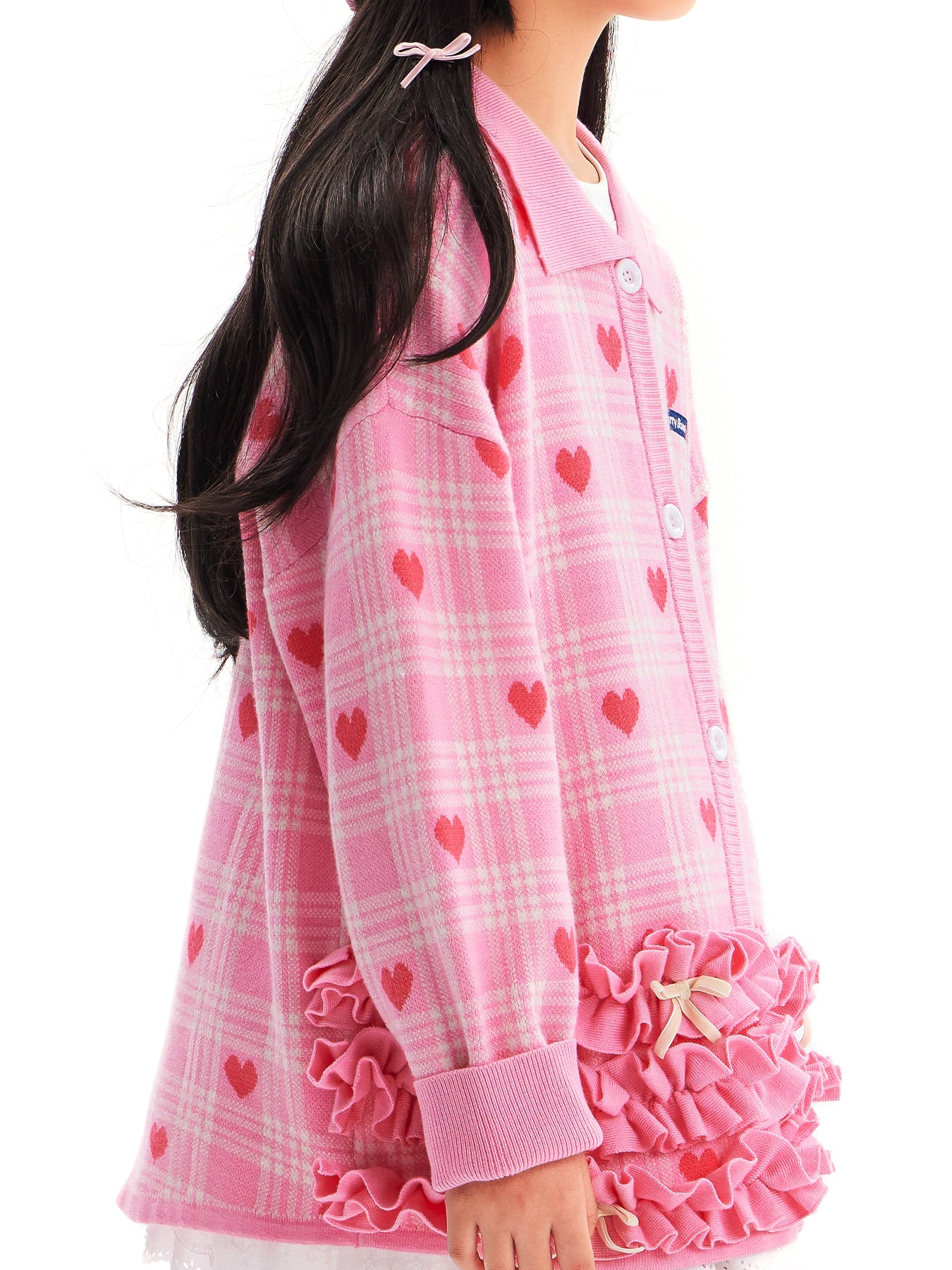 Pink Heart Plaid Ruffle Cardigan for Girls