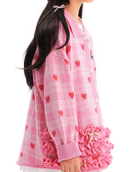 Pink Heart Plaid Ruffle Cardigan for Girls