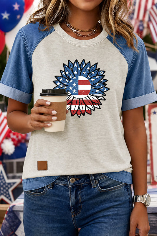 4th of July Sunflower Denim Patchwork Raglan Tee