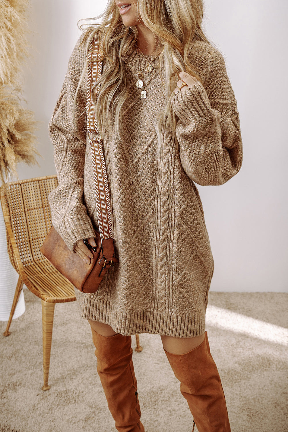 Cozy Cable Knit Drop Shoulder Oversized Sweater Dress