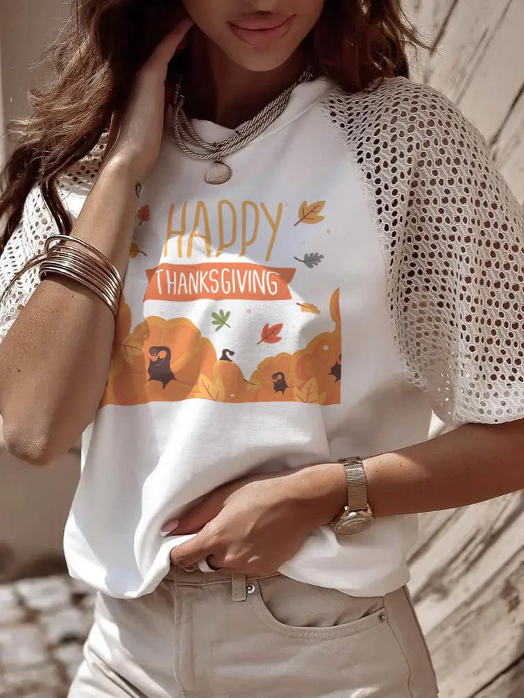 Thanksgiving Pumpkin Fall Leaves Lace Sleeve Tee