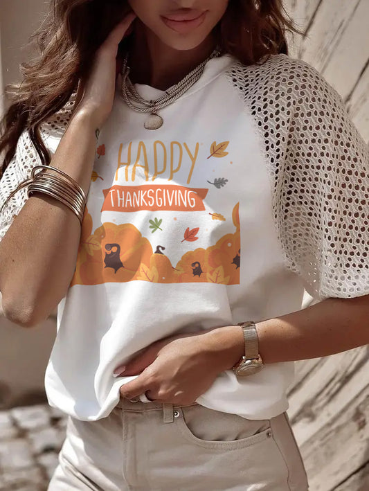 Thanksgiving Pumpkin Fall Leaves Lace Sleeve Tee
