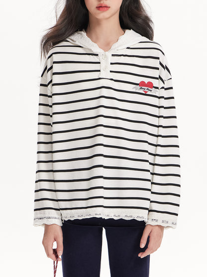 Heart Striped Hoodie with Lace Detail - Girls' Classic T-Shirt