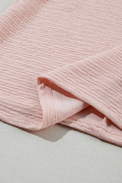Light Pink Textured Ruffle Sleeve Crew Neck Blouse