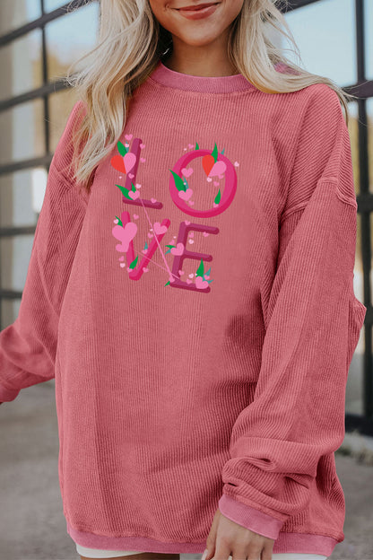 LOVE Heart Print Ribbed Corduroy Oversized Sweatshirt