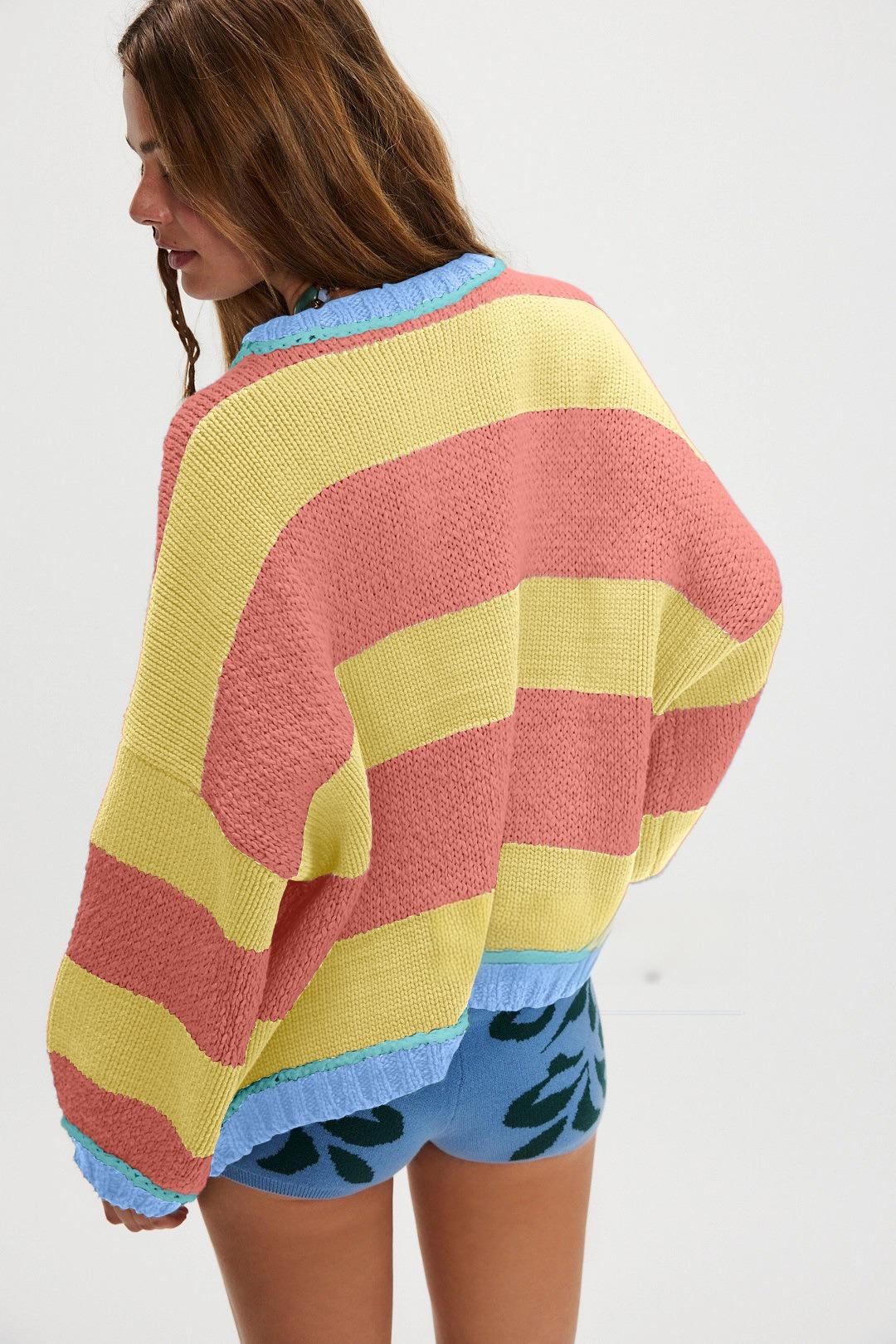 Oversized Color Block Striped Knit Pullover Sweater for Women