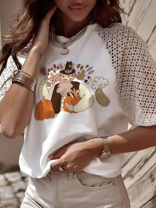 Thanksgiving Harvest Pilgrim Pumpkin Lace Sleeve Fall Tee