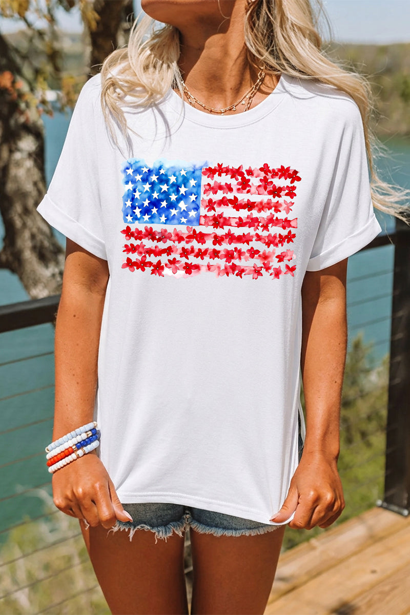 American Flag Floral Graphic July 4th Tee Shirt