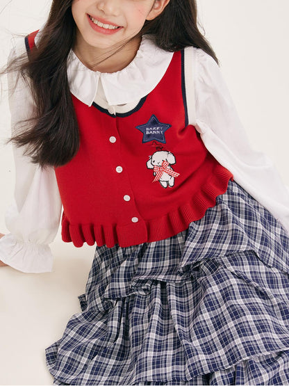 Cute Embroidered Red Knit Vest Cardigan for Kids – Adorable Ruffle Hem