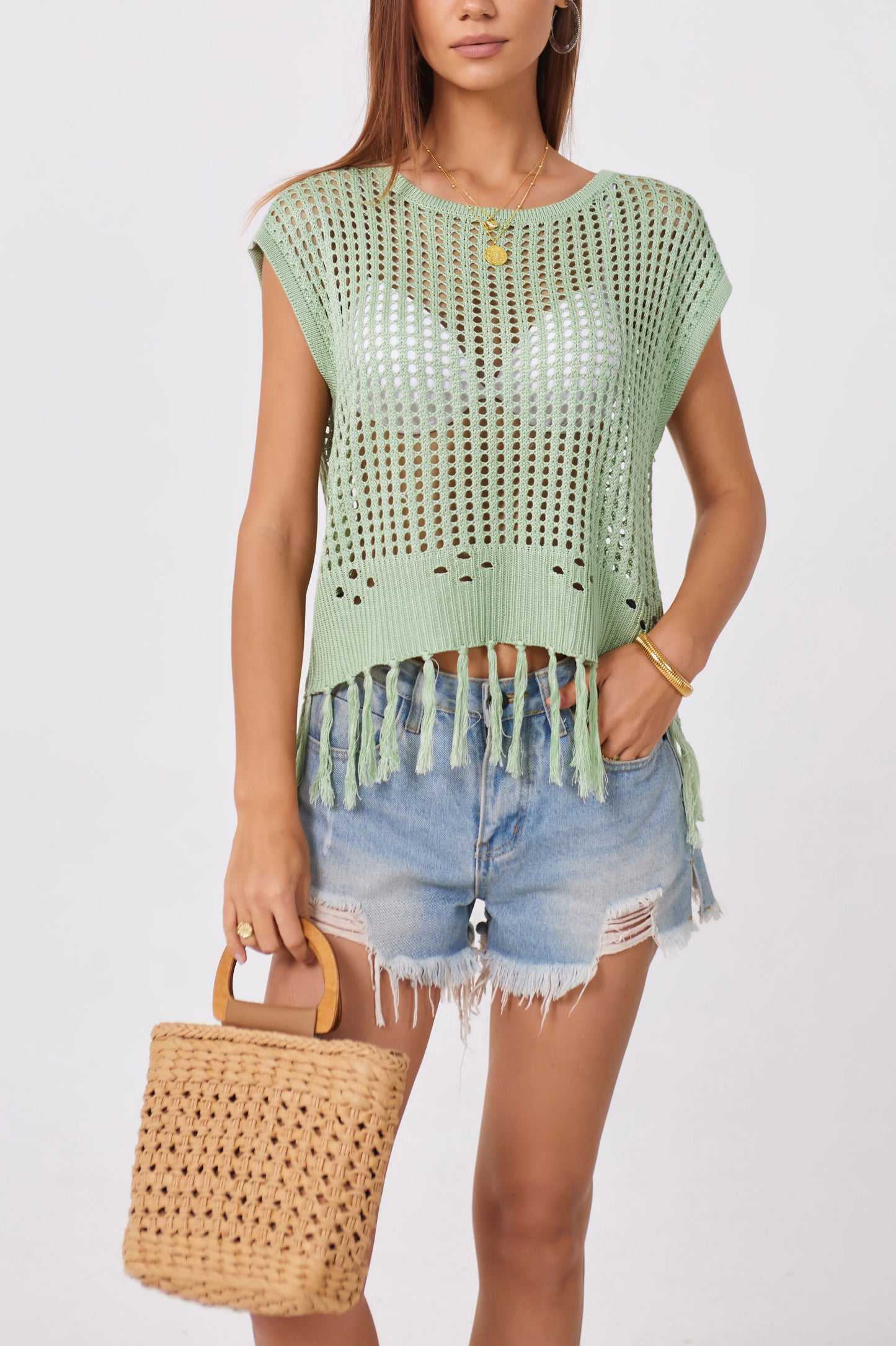 Fringe Knit Top Hollow Out Cropped Beach Cover Up