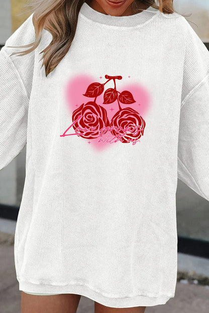 Valentine Rose Heart Corduroy Ribbed Oversized Sweatshirt