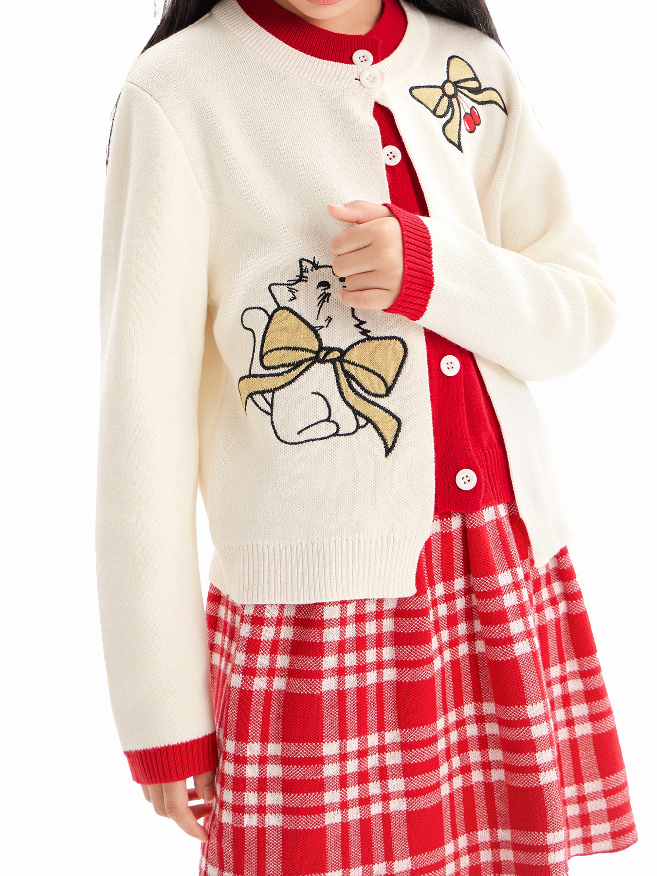 Charming Cat Knitted Cardigan & Red Plaid Pleated Skirt Set for Girls