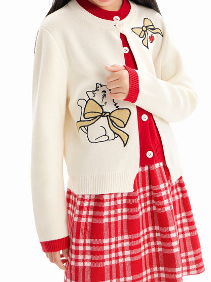Charming Cat Knitted Cardigan & Red Plaid Pleated Skirt Set for Girls