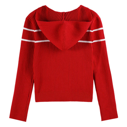 Girls' Striped Knit Hoodie Sweater with Long Sleeves