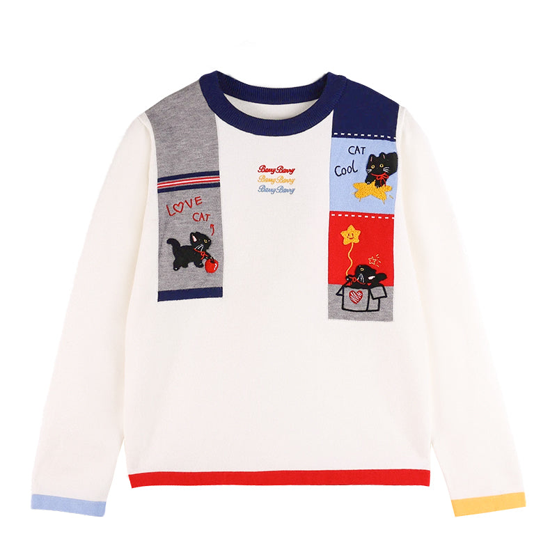 Girls' Cartoon Cat Graphic Knit Pullover Sweater