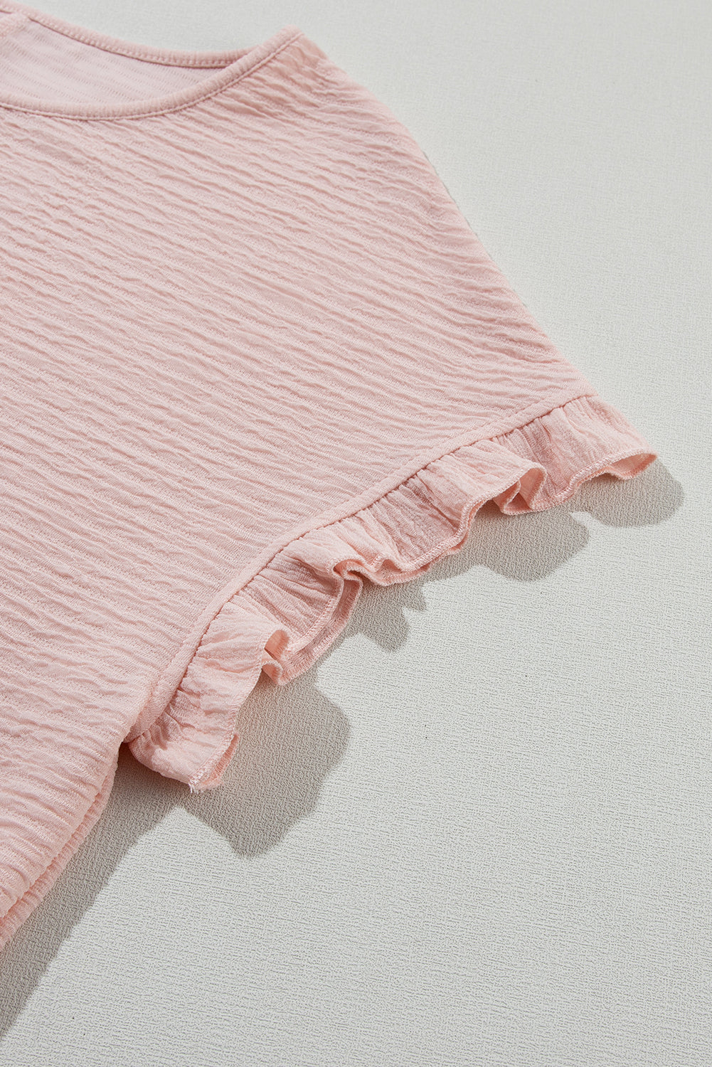 Light Pink Textured Ruffle Sleeve Crew Neck Blouse