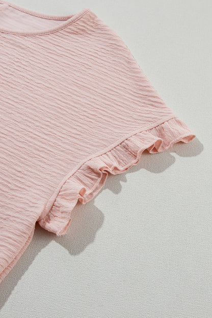 Light Pink Textured Ruffle Sleeve Crew Neck Blouse