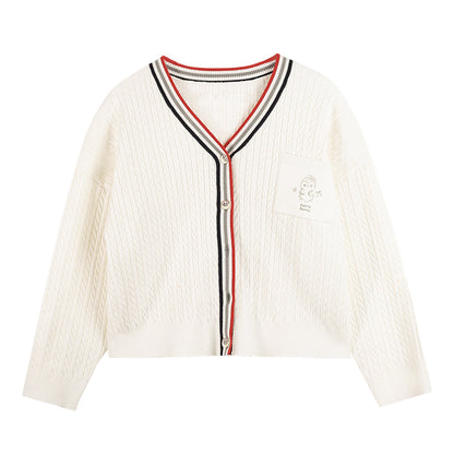 Girls' Cozy Button-Front Cardigan with Striped Trim