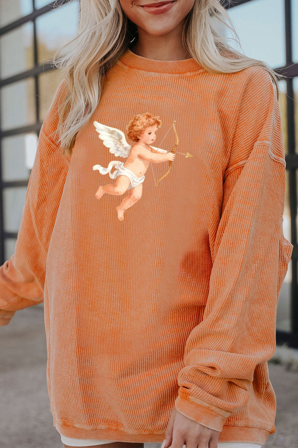 Vintage Cupid Graphic Oversized Ribbed Corduroy Valentine's Top