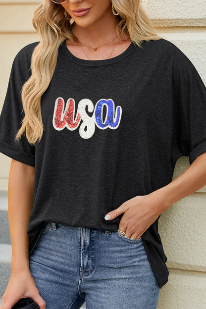 USA Sequin Graphic July 4th Loose Fit Tee Top