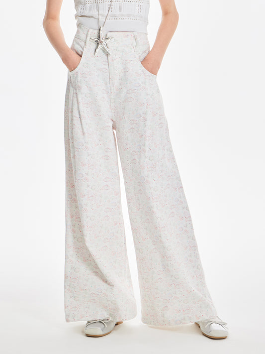Girls Cotton Wide Leg Pants Summer Fish Print