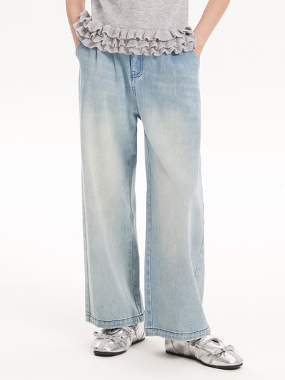 2025 Spring Girls Washed Straight Leg Denim Jeans | Solid Color Long Pants