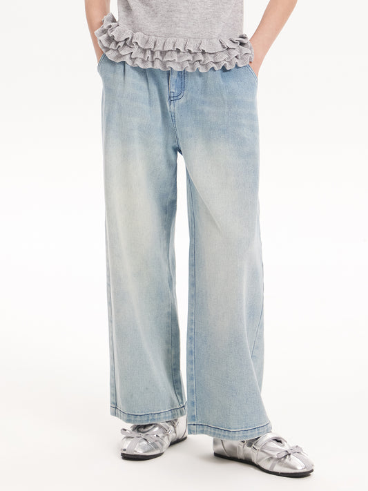 2025 Spring Girls Washed Straight Leg Denim Jeans | Solid Color Long Pants